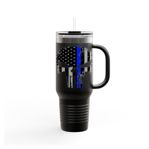 American Flag Thin Blue Line Punisher Skull Insulated Travel Mug