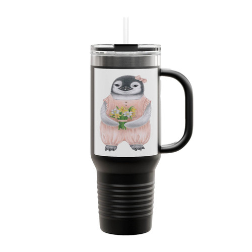 Baby Penguin With Flowers Insulated Travel Mug