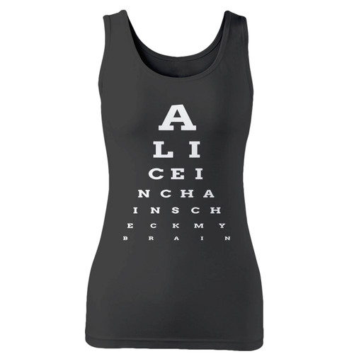 High quality print of this slim fit alice in chains eye chart women tank top will turn heads. And bystanders won't be disappointed - the racerback cut looks good one any woman's shoulders.