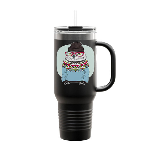 Funny Owl Hipster In Jacquard Pullover Wearing Beanie And Glasses Insulated Travel Mug