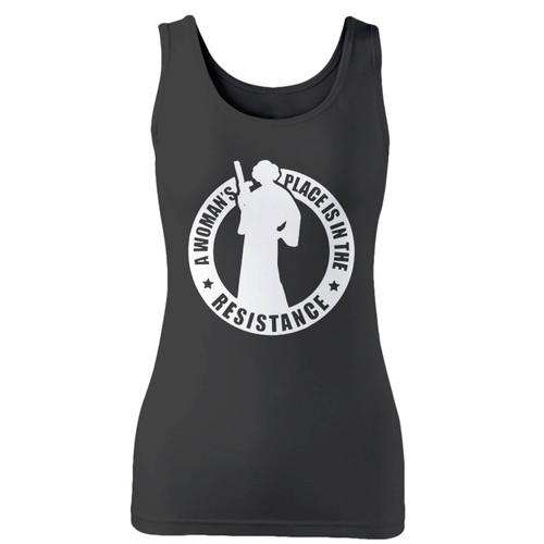 High quality print of this slim fit a womens place is in the resistance women tank top will turn heads. And bystanders won't be disappointed - the racerback cut looks good one any woman's shoulders.