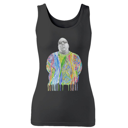 High quality print of this slim fit biggie smalls art notorious big rap women tank top will turn heads. And bystanders won't be disappointed - the racerback cut looks good one any woman's shoulders.