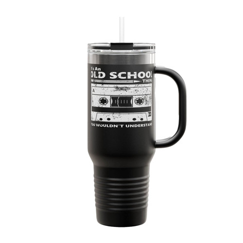 Old School Skool Cassette Tape Pencil Roll Fix Boombox Insulated Travel Mug