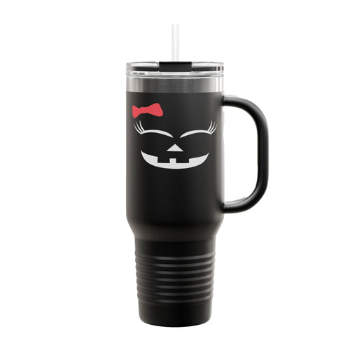 Pumpkin Halloween Jack O Lantern Face With Hair Ribbon Cute Insulated Travel Mug
