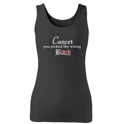 High quality print of this slim fit cancer picked wrong bitch women tank top will turn heads. And bystanders won't be disappointed - the racerback cut looks good one any woman's shoulders.