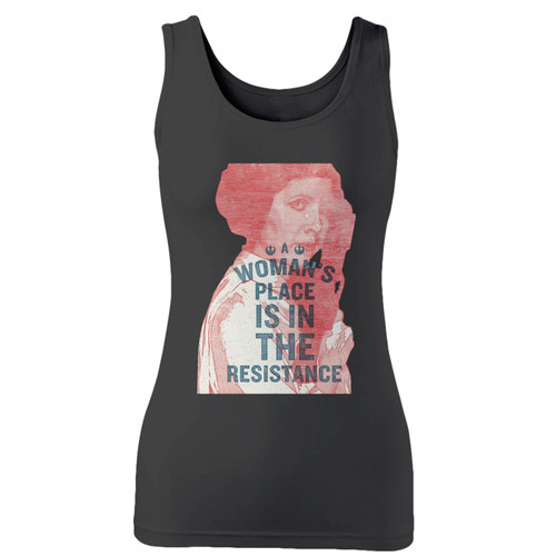 High quality print of this slim fit carrie fisher leia womens march feminist a womans place is in the resistance women tank top will turn heads. And bystanders won't be disappointed - the racerback cut looks good one any woman's shoulders.