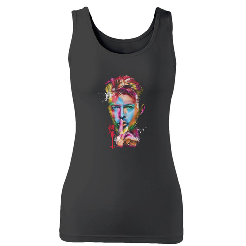 High quality print of this slim fit david bowie art women tank top will turn heads. And bystanders won't be disappointed - the racerback cut looks good one any woman's shoulders.