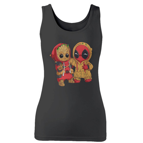 High quality print of this slim fit deadpool and groot women tank top will turn heads. And bystanders won't be disappointed - the racerback cut looks good one any woman's shoulders.