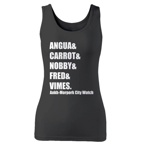 High quality print of this slim fit discworld city watch list women tank top will turn heads. And bystanders won't be disappointed - the racerback cut looks good one any woman's shoulders.