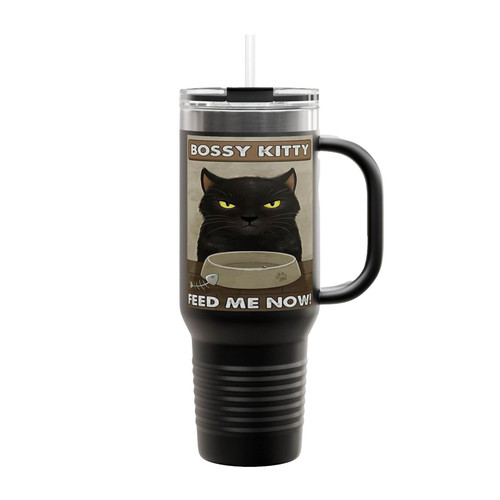 Black Cat Bossy Kitty Feed Me Now Insulated Travel Mug