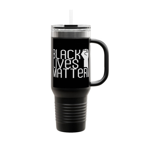 Black Lives Matter Lettering With Fist On Black Insulated Travel Mug