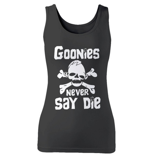 High quality print of this slim fit goonies never say die 2 women tank top will turn heads. And bystanders won't be disappointed - the racerback cut looks good one any woman's shoulders.