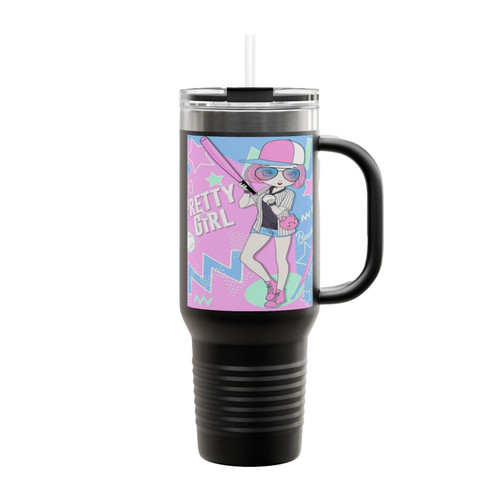Hand Drawn Cute Girl With Baseball Bat And Doodle Insulated Travel Mug
