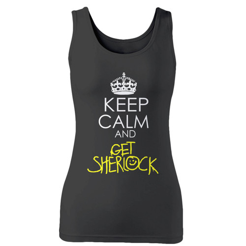 High quality print of this slim fit keep calm and get sherlock on black women tank top will turn heads. And bystanders won't be disappointed - the racerback cut looks good one any woman's shoulders.