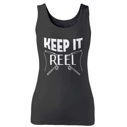 High quality print of this slim fit keep it reel funny fishing women tank top will turn heads. And bystanders won't be disappointed - the racerback cut looks good one any woman's shoulders.