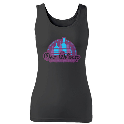 High quality print of this slim fit malt whiskey not walt disney women tank top will turn heads. And bystanders won't be disappointed - the racerback cut looks good one any woman's shoulders.
