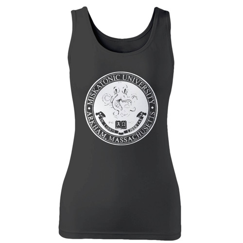 High quality print of this slim fit miskatonic university women tank top will turn heads. And bystanders won't be disappointed - the racerback cut looks good one any woman's shoulders.