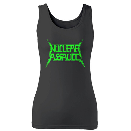 High quality print of this slim fit nuclear assault american thrash metal band logo women tank top will turn heads. And bystanders won't be disappointed - the racerback cut looks good one any woman's shoulders.