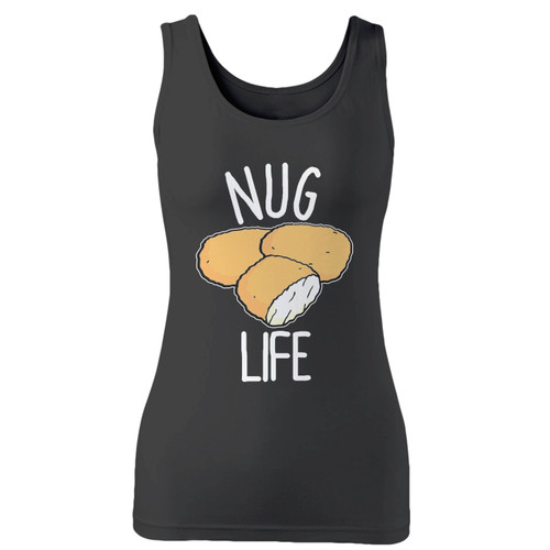 High quality print of this slim fit nug life funny chicken nugget women tank top will turn heads. And bystanders won't be disappointed - the racerback cut looks good one any woman's shoulders.