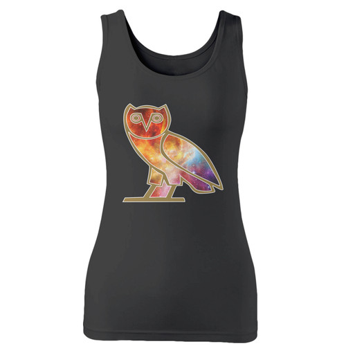 High quality print of this slim fit ovoxo owl drake nebula funny women tank top will turn heads. And bystanders won't be disappointed - the racerback cut looks good one any woman's shoulders.