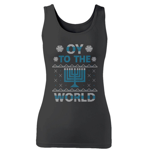 High quality print of this slim fit oy to the world hanukkah celebration women tank top will turn heads. And bystanders won't be disappointed - the racerback cut looks good one any woman's shoulders.