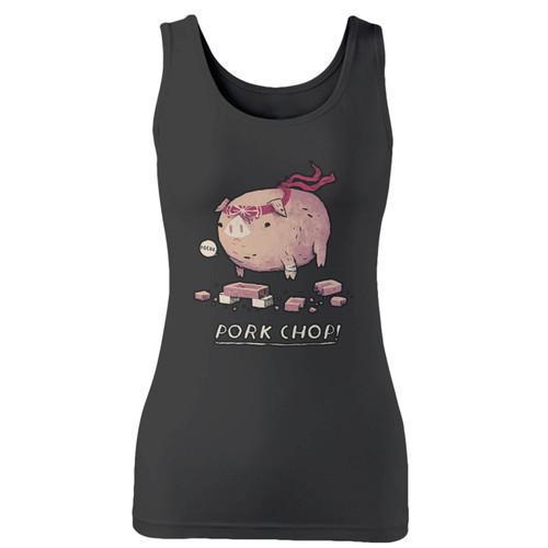 High quality print of this slim fit pork chop comedy karate pig women tank top will turn heads. And bystanders won't be disappointed - the racerback cut looks good one any woman's shoulders.