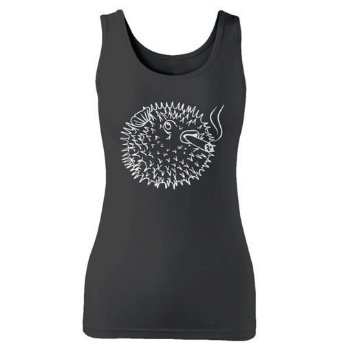 High quality print of this slim fit puffer fish smoking a cigarette women tank top will turn heads. And bystanders won't be disappointed - the racerback cut looks good one any woman's shoulders.