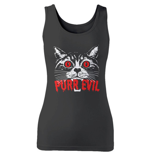 High quality print of this slim fit purr evil satanic cat halloween women tank top will turn heads. And bystanders won't be disappointed - the racerback cut looks good one any woman's shoulders.