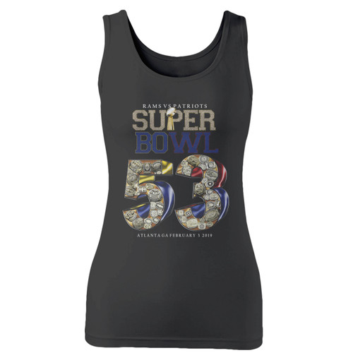 High quality print of this slim fit rams vs patriots super bowl lii women tank top will turn heads. And bystanders won't be disappointed - the racerback cut looks good one any woman's shoulders.