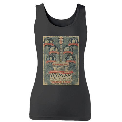 High quality print of this slim fit ryman auditorium collage women tank top will turn heads. And bystanders won't be disappointed - the racerback cut looks good one any woman's shoulders.