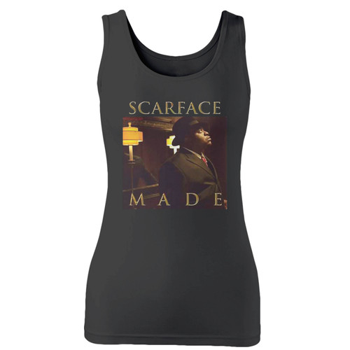 High quality print of this slim fit scarface made album women tank top will turn heads. And bystanders won't be disappointed - the racerback cut looks good one any woman's shoulders.