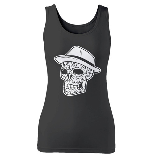 High quality print of this slim fit skull in the fedora hat women tank top will turn heads. And bystanders won't be disappointed - the racerback cut looks good one any woman's shoulders.