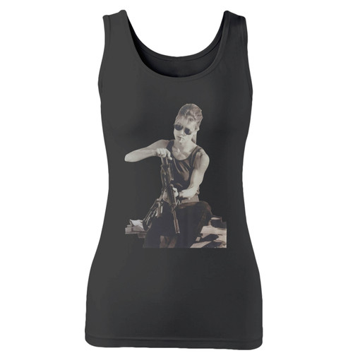 High quality print of this slim fit terminator 2 linda hamilton women tank top will turn heads. And bystanders won't be disappointed - the racerback cut looks good one any woman's shoulders.
