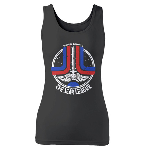 High quality print of this slim fit the last starfighter star league women tank top will turn heads. And bystanders won't be disappointed - the racerback cut looks good one any woman's shoulders.