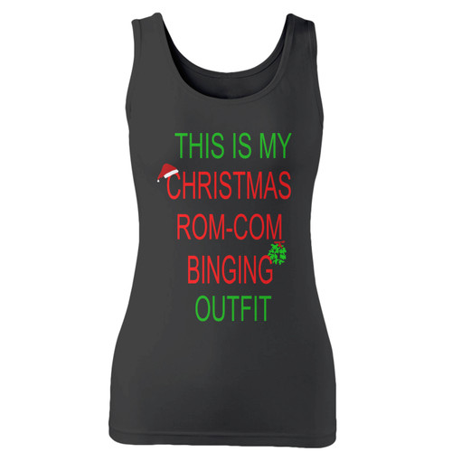 High quality print of this slim fit this is my christmas rom com binging outfit women tank top will turn heads. And bystanders won't be disappointed - the racerback cut looks good one any woman's shoulders.