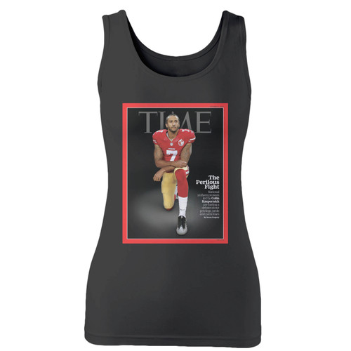 High quality print of this slim fit time magazine kneeling women tank top will turn heads. And bystanders won't be disappointed - the racerback cut looks good one any woman's shoulders.