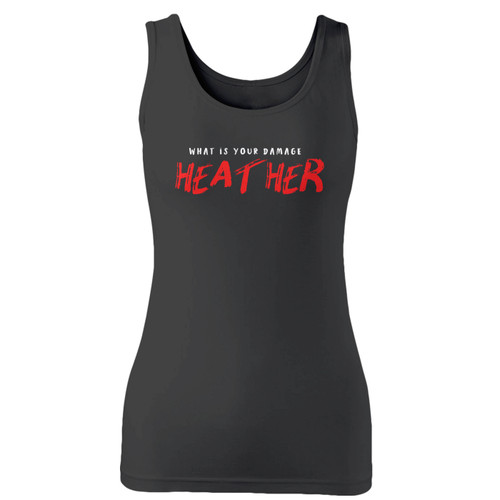 High quality print of this slim fit whats your damage heather women tank top will turn heads. And bystanders won't be disappointed - the racerback cut looks good one any woman's shoulders.