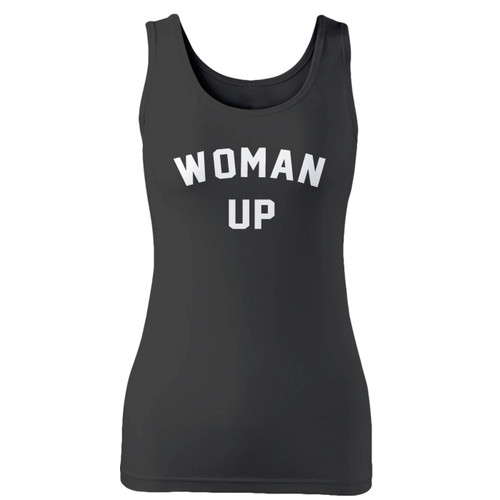 High quality print of this slim fit woman up funny joke sarcastic feminist women tank top will turn heads. And bystanders won't be disappointed - the racerback cut looks good one any woman's shoulders.