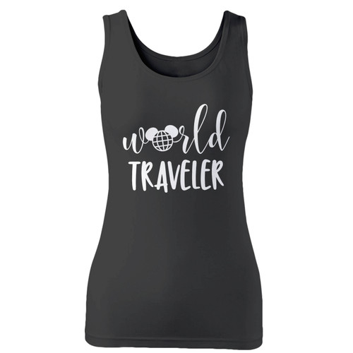 High quality print of this slim fit world traveler disney inspired women tank top will turn heads. And bystanders won't be disappointed - the racerback cut looks good one any woman's shoulders.