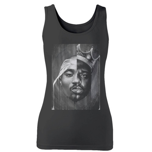 High quality print of this slim fit 2pac notorious big split face women tank top will turn heads. And bystanders won't be disappointed - the racerback cut looks good one any woman's shoulders.