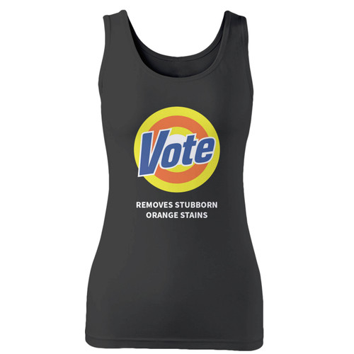 High quality print of this slim fit anti trump vote removes stubborn women tank top will turn heads. And bystanders won't be disappointed - the racerback cut looks good one any woman's shoulders.