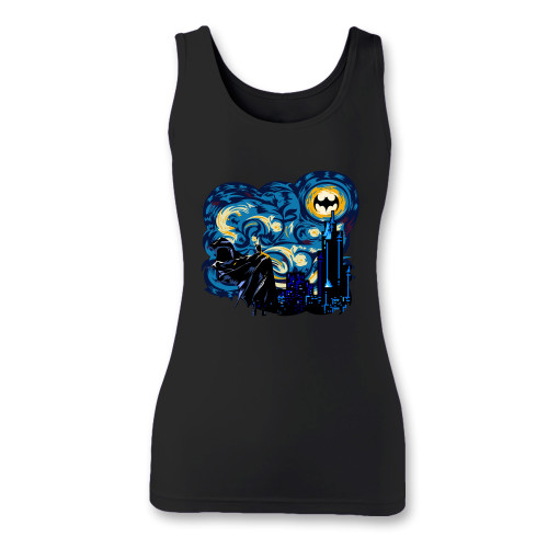 High quality print of this slim fit bat starry night art women tank top will turn heads. And bystanders won't be disappointed - the racerback cut looks good one any woman's shoulders.