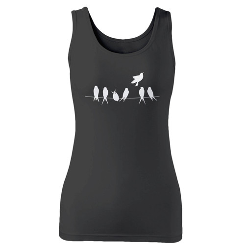 High quality print of this slim fit birds on wire art women tank top will turn heads. And bystanders won't be disappointed - the racerback cut looks good one any woman's shoulders.