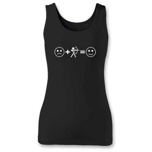 High quality print of this slim fit bow hunting make me happy women tank top will turn heads. And bystanders won't be disappointed - the racerback cut looks good one any woman's shoulders.