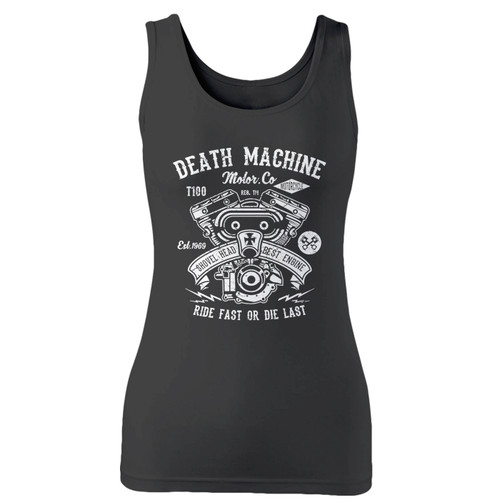 High quality print of this slim fit death machine bikers motorcycles women tank top will turn heads. And bystanders won't be disappointed - the racerback cut looks good one any woman's shoulders.