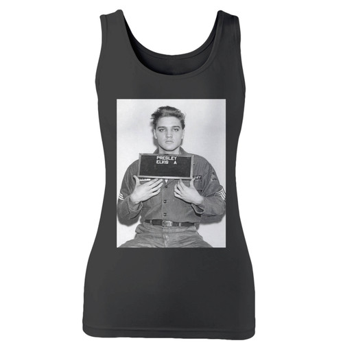 High quality print of this slim fit elvis mugshot elvis women tank top will turn heads. And bystanders won't be disappointed - the racerback cut looks good one any woman's shoulders.