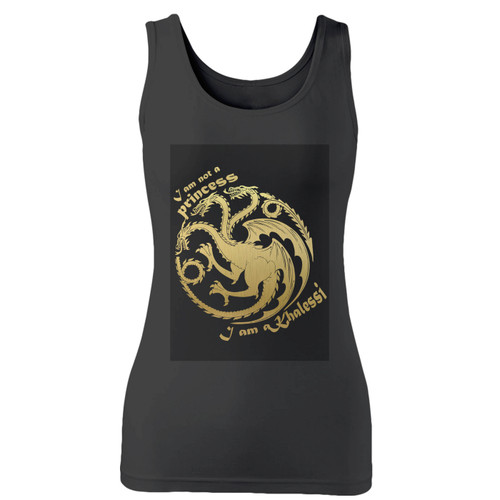 High quality print of this slim fit i am not a princess i am khalessi gold logo women tank top will turn heads. And bystanders won't be disappointed - the racerback cut looks good one any woman's shoulders.