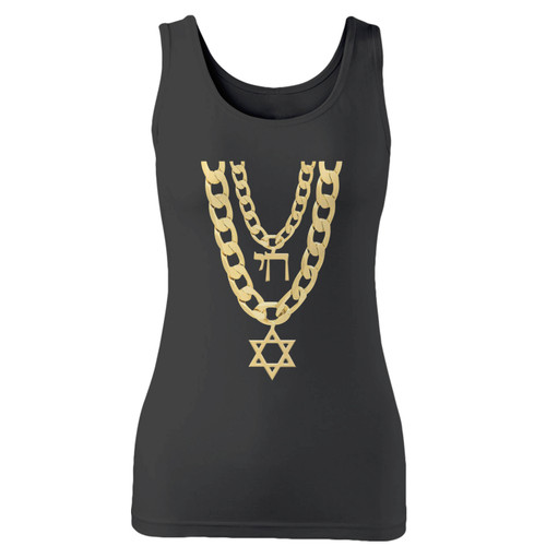 High quality print of this slim fit jew chai bling chain hanukkah women tank top will turn heads. And bystanders won't be disappointed - the racerback cut looks good one any woman's shoulders.