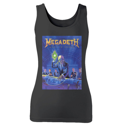 High quality print of this slim fit megadeth five rust in peace women tank top will turn heads. And bystanders won't be disappointed - the racerback cut looks good one any woman's shoulders.