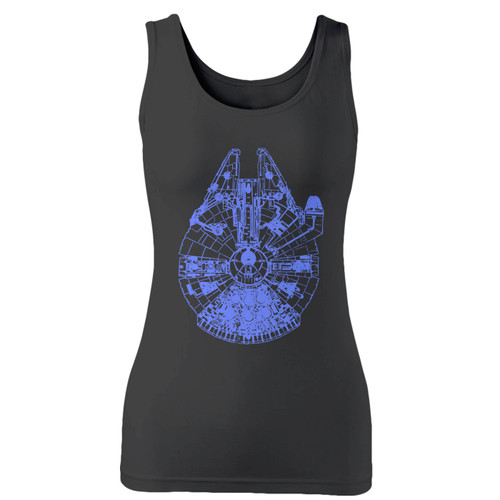High quality print of this slim fit millennium falcon women tank top will turn heads. And bystanders won't be disappointed - the racerback cut looks good one any woman's shoulders.